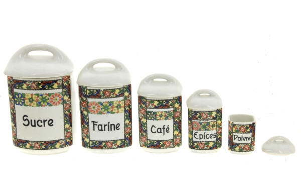 5 pots à épices en faïence fine ancienne