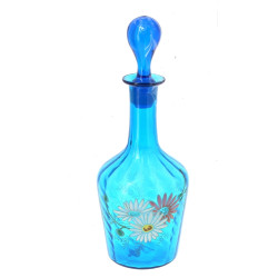 Carafe ancienne en verre bleu émaillé de