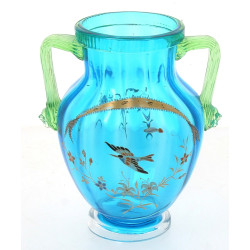 Vase en verre bleu à deux anses en verre