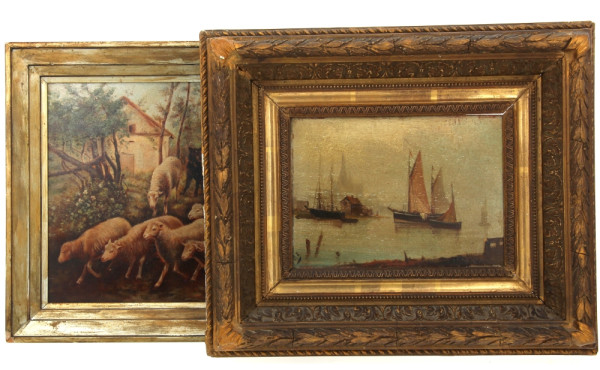 Lot de 2 tableaux, huiles sur panneau : 