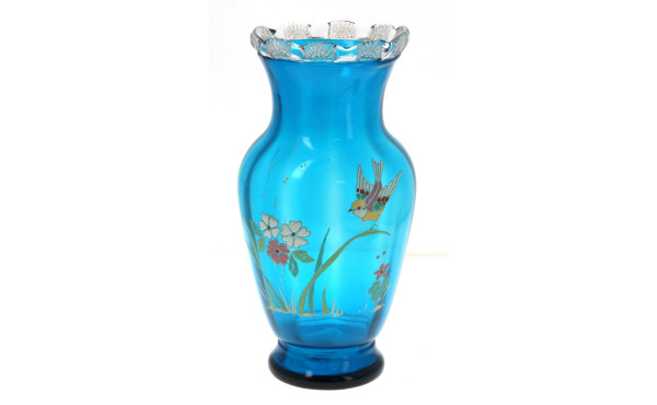 Vase en verre bleu émaillé d'oiseau et f