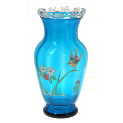 Vase en verre bleu émaillé d'oiseau et f