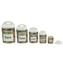 5 pots à épices en faïence fine ancienne