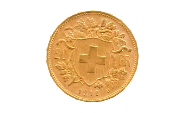 1 p. 20 fr or suisse 1910 poids 6,5 grs