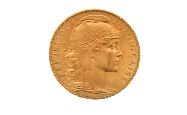 1 p. 20 fr or au coq 1908 poids 6,5 grs