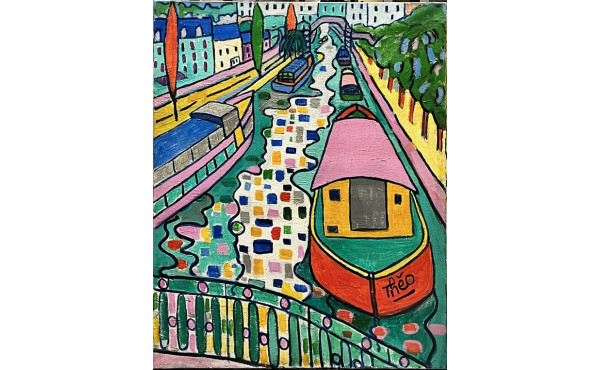 THEO (Xxème) "Les péniches", huile sur t