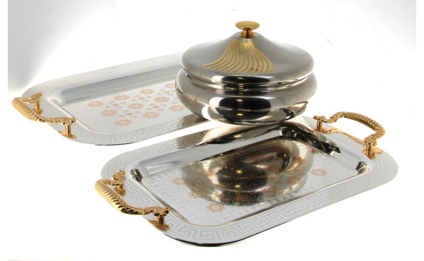Légumier couvert en inox et décor doré (