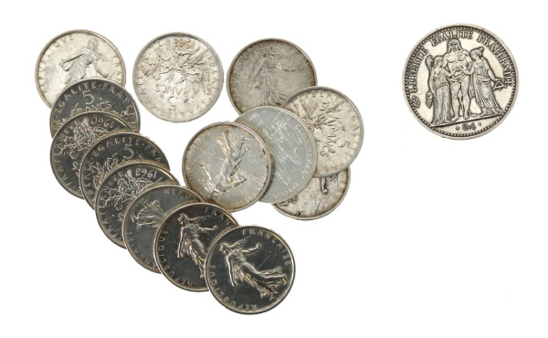 Lot de pièces en argent : 13 pièces de 5