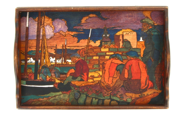 Plateau en bois pyrogravé et polychromé 