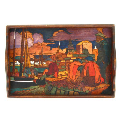 Plateau en bois pyrogravé et polychromé 