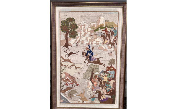 TENTURE à décor oriental, encadrée, brod