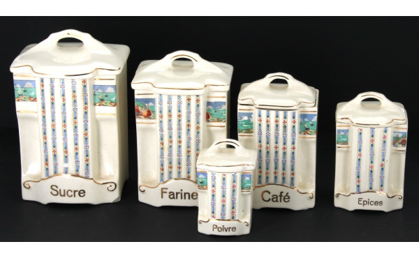 Série de 5 pots à épices anciens en faïe