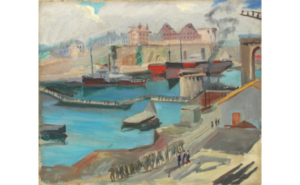 Ecole Française années 40 "Vue d'un port