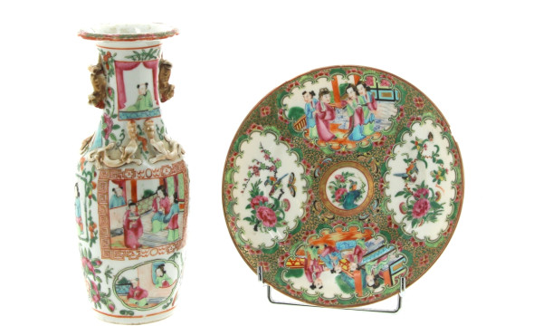 CANTON - Vase et assiette en porcelaine 