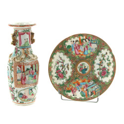 CANTON - Vase et assiette en porcelaine 