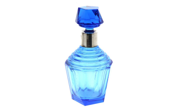 Carafe ART DECO en verre bleu, col cercl