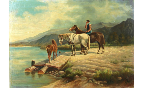 Ecole Xxème "Homme et chevaux devant le 