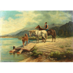 Ecole Xxème "Homme et chevaux devant le 