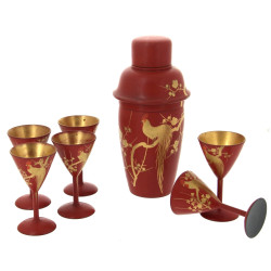 Service à cocktail en laque rouge et or 