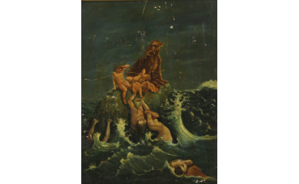 Panneau peint ancien figurant une "Scène