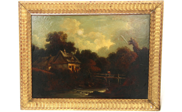 Ecole XIXème "Paysage animé au pont", hu