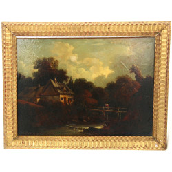 Ecole XIXème "Paysage animé au pont", hu