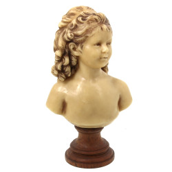 Buste de fillette en cire, base bois, H 