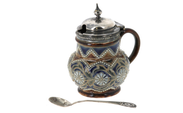 Moutardier en grès polychrome et métal a