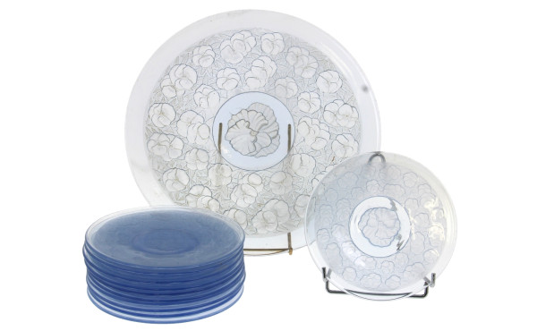 Service à gâteaux en verre moulé bleu ci