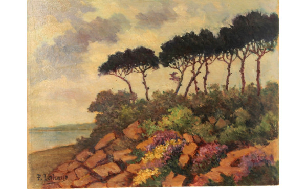 P. LAHAYE (Xxème) "Bord de mer aux pins 