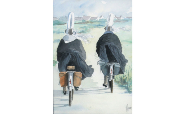 Yves AGAISSE (Xxème) "Bigoudènes à vélo"