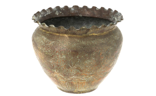 Cache-pot ancien en cuivre à décor de pe