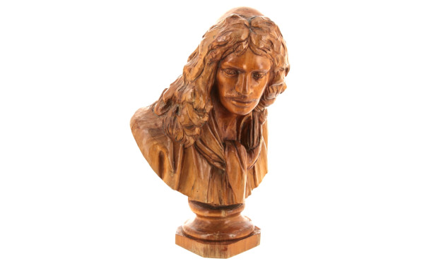 Buste de Molière en bois sculpté, H 29 c