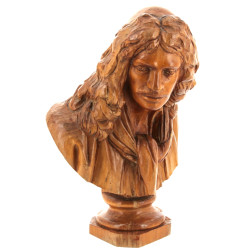 Buste de Molière en bois sculpté, H 29 c