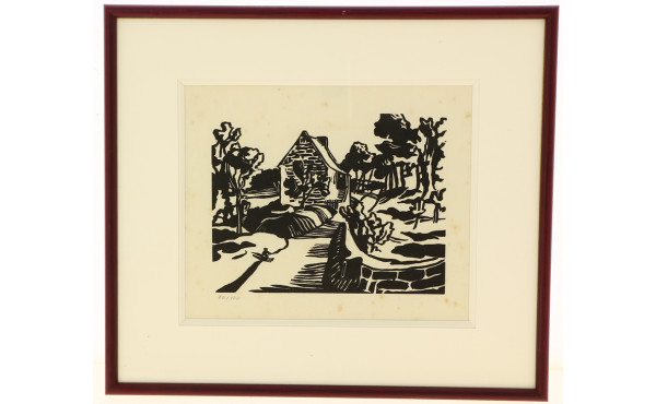  "Moulin", bois gravé, non signé, 14 x 1