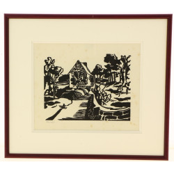  "Moulin", bois gravé, non signé, 14 x 1