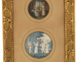 Cadre doré contenant 2 gravures en coule