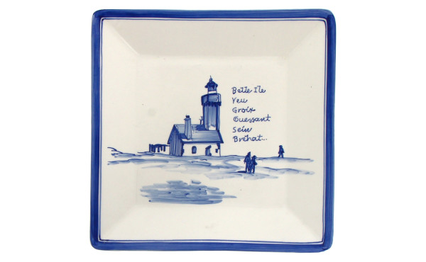 Coupe carrée en faïence décor bleu et lé
