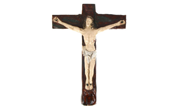 Grand Christ en faïence polychrome. H 33