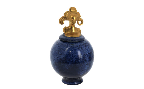 Pot couvert en céramique bleu moucheté, 