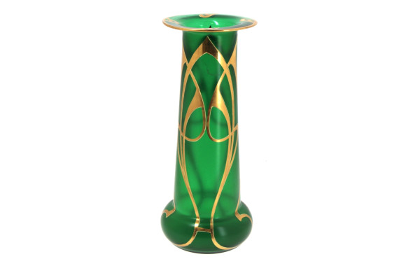 Vase ART NOUVEAU en verre vert et or, H 