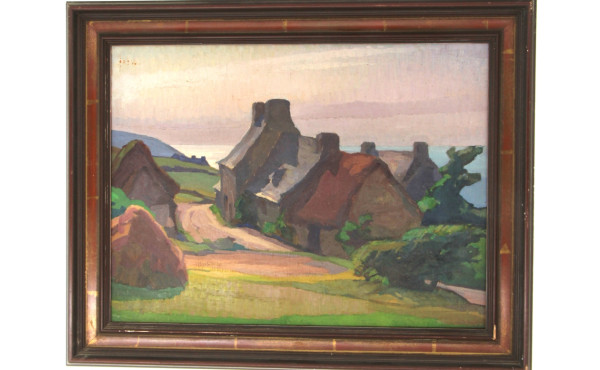 Ecole bretonne Xxe "Chaumières en bord d