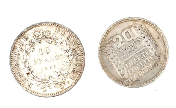 Lot de 2 pièces en argent : 1 p. de 10 F