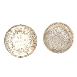 Lot de 2 pièces en argent : 1 p. de 10 F