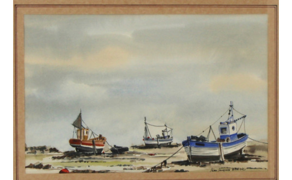 JJ Borgne "Bateaux à sec" encre et aquar