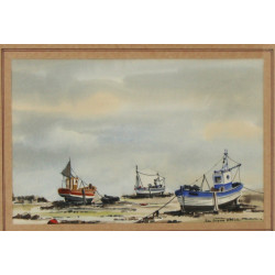 JJ Borgne "Bateaux à sec" encre et aquar