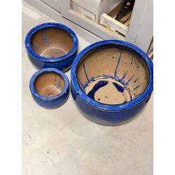 3 pots de jardin émaillés bleu : un pot