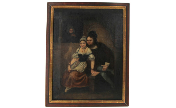 Ecole XIXème "Jeune couple épié", huile 