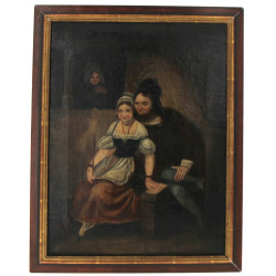 Ecole XIXème "Jeune couple épié", huile 