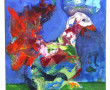 Ecole Contemporaine "Coq coloré", huile 